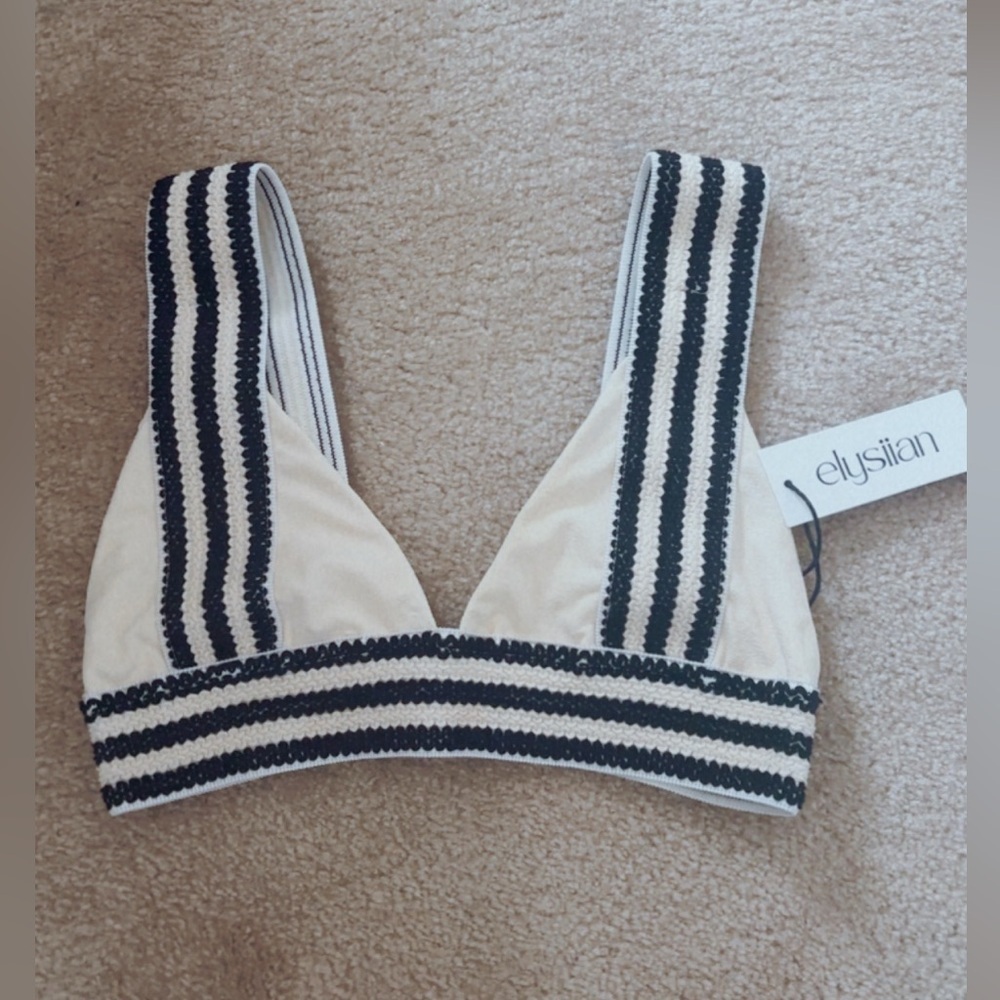 NWT Elysiian Bikini Swim Top Crochet Overlay Cream Black Large
